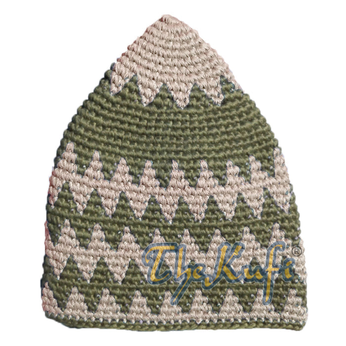 Hand-Crocheted Cotton Sturdy Dark Cream & Dark Khaki Zigzag Kufi Hat
