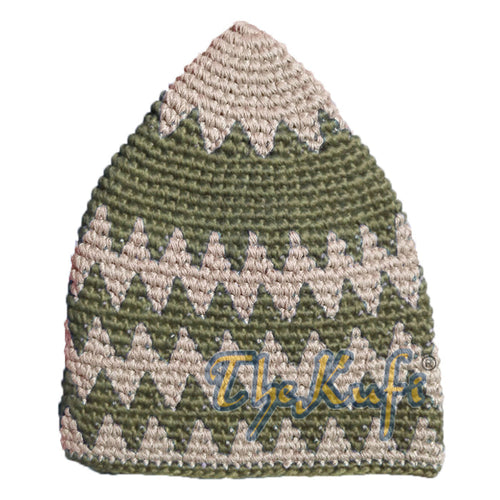 Hand-Crocheted Cotton Sturdy Dark Cream & Dark Khaki Zigzag Kufi Hat