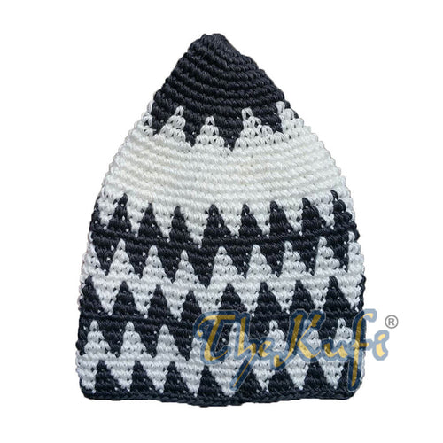 Hand-Crocheted Cotton Sturdy Dark Gray & Off-White Zigzag Kufi Hat