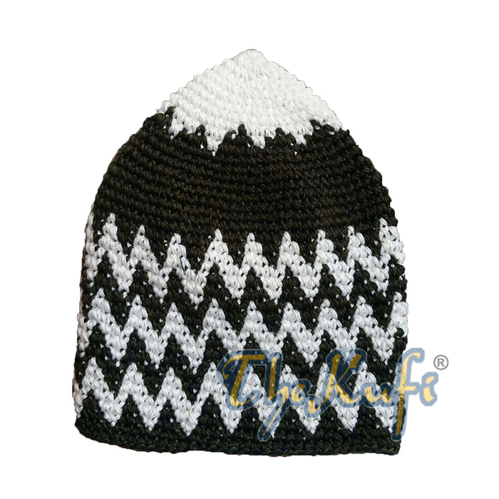 Hand-Crocheted Cotton Sturdy Off-White & Dark Green Forest Green Mix Zigzag Kufi Hat