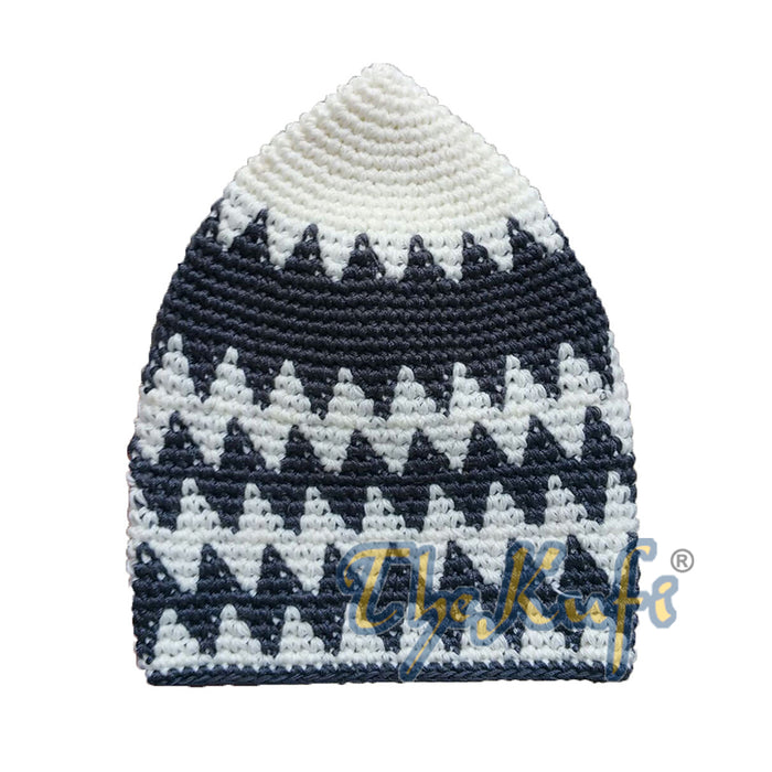 Hand-Crocheted Cotton Sturdy Off-White & Deep Dark Gray Zigzag Kufi Hat