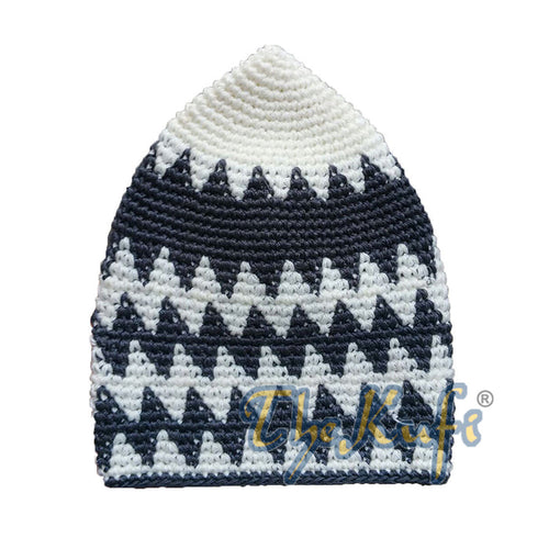 Hand-Crocheted Cotton Sturdy Off-White & Deep Dark Gray Zigzag Kufi Hat