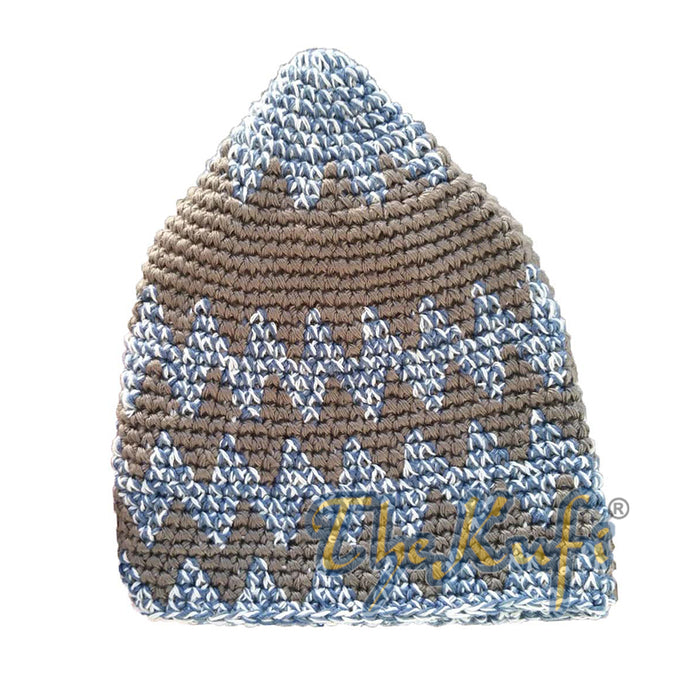 Hand-Crocheted Cotton Sturdy Faded Dark Blue & Dark Brown Zigzag Kufi Hat