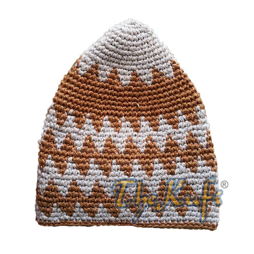 Hand-Crocheted Cotton Sturdy Faded Khaki & Faded Rust Brown Zigzag Kufi Hat