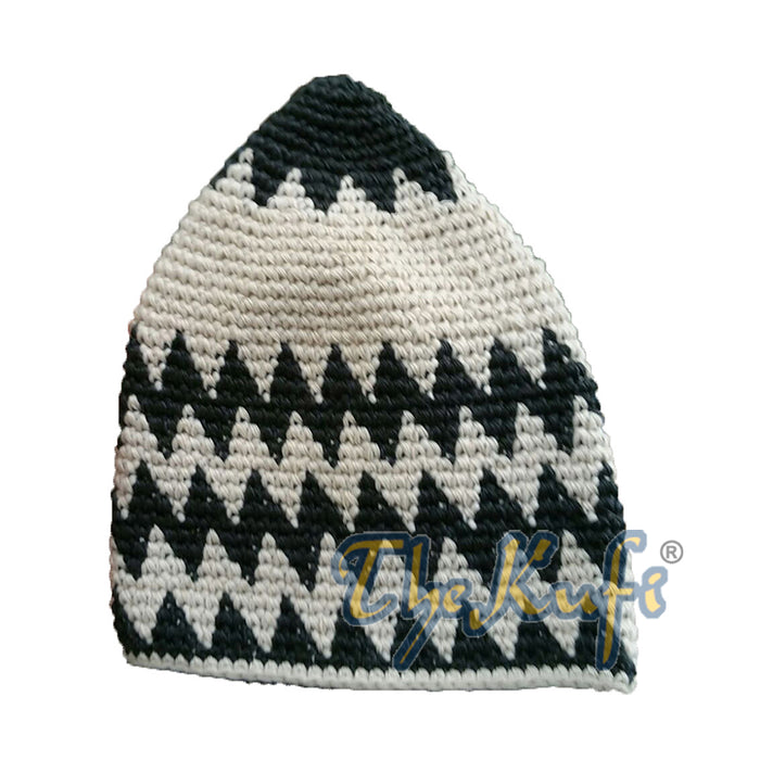 Hand-Crocheted Cotton Sturdy Green Indigo & Khaki Zigzag Kufi Hat