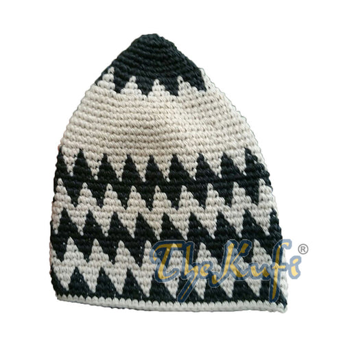 Hand-Crocheted Cotton Sturdy Green Indigo & Khaki Zigzag Kufi Hat