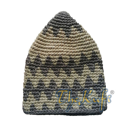Hand-Crocheted Cotton Sturdy Green Khaki & Khaki Zigzag Kufi Hat