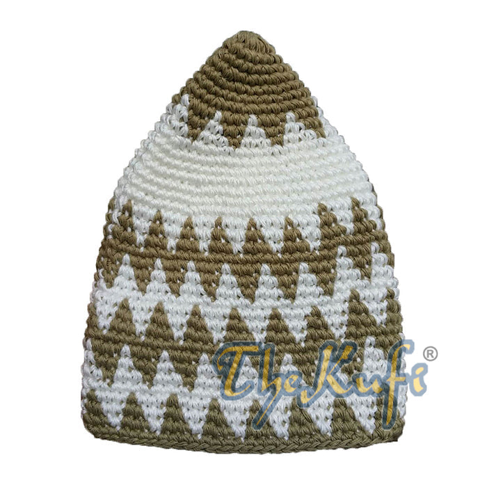 Hand-Crocheted Cotton Sturdy Greenish Khaki & Off-White Zigzag Kufi Hat