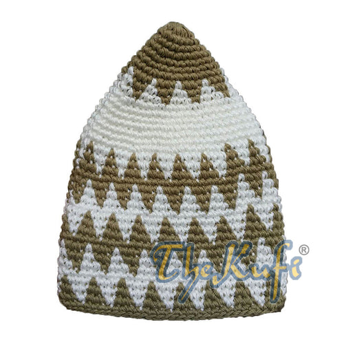 Hand-Crocheted Cotton Sturdy Greenish Khaki & Off-White Zigzag Kufi Hat