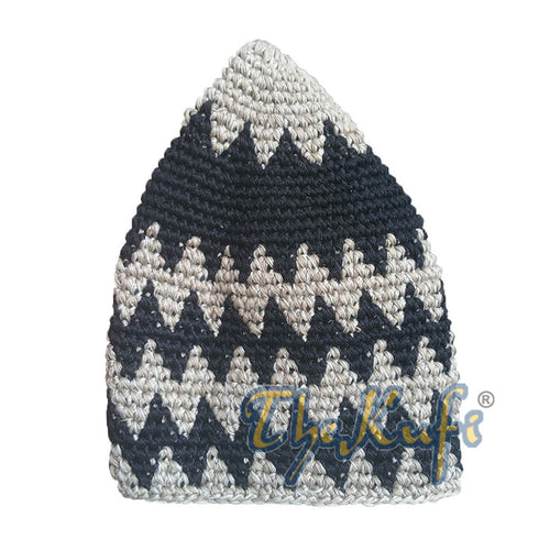 Hand-Crocheted Cotton Sturdy Khaki & Black Mix Zigzag Kufi Hat