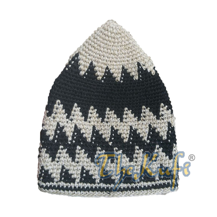 Hand-Crocheted Cotton Sturdy Light Khaki & Black Mix Hounds-Tooth Zigzag Kufi Hat