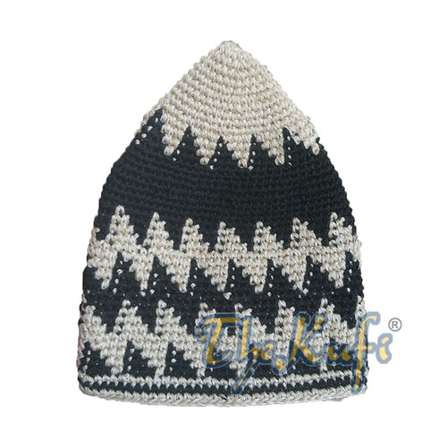 Hand-Crocheted Cotton Sturdy Light Khaki & Black Mix Hounds-Tooth Zigzag Kufi Hat