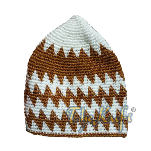Hand-Crocheted Cotton Sturdy Off-White & Rust Brown Zigzag Kufi Hat