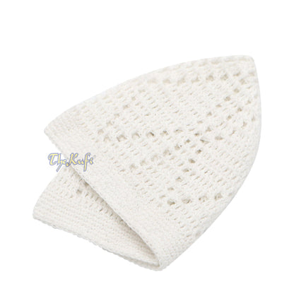 Hand-Crocheted Kufi Thick Hat Open-Weave Elongated Diamond Design