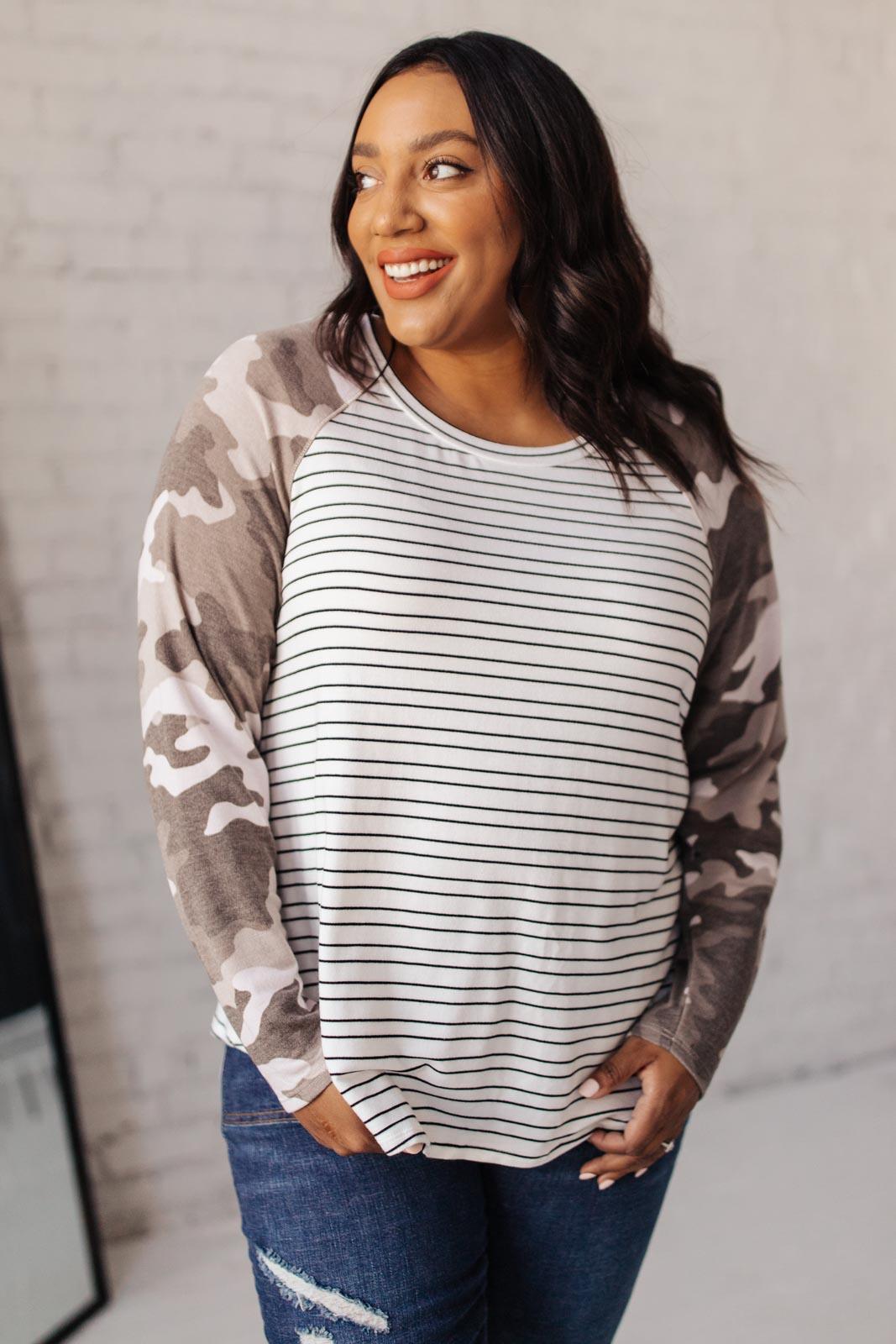 Hazel Blues® | Camo & Stripes Raglan Top