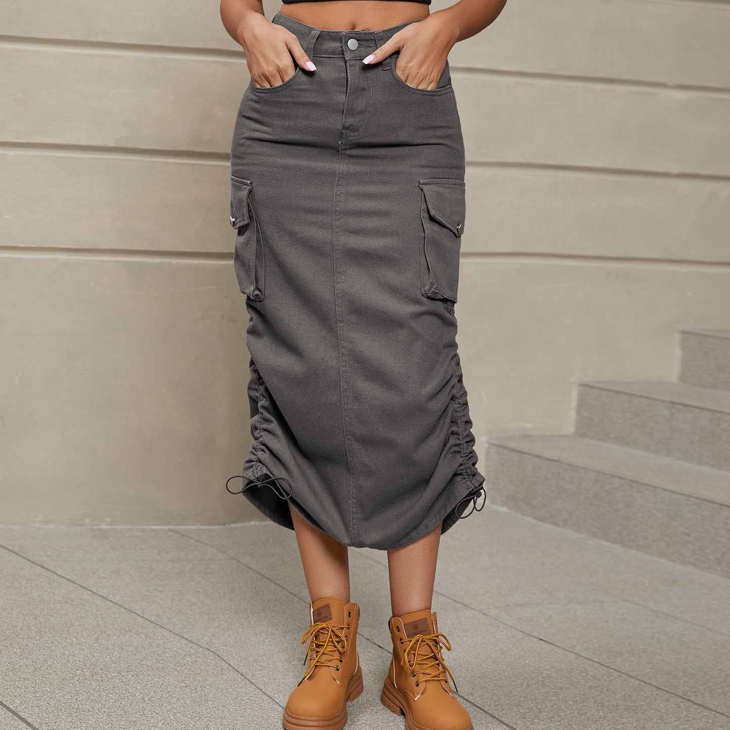 Hazel Blues® |  Drawstring Ruched Slit Denim Midi Skirt