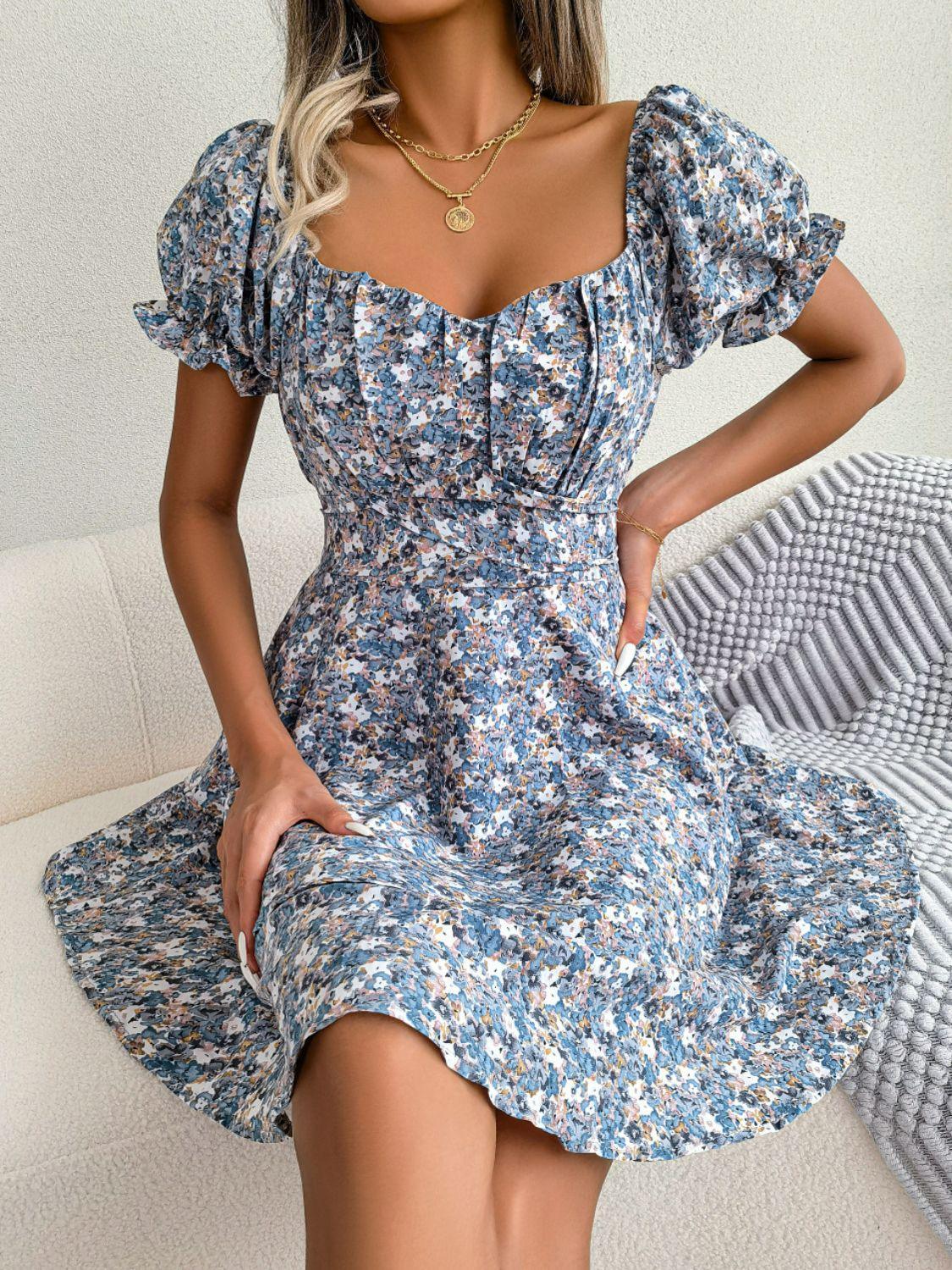 Hazel Blues® | Floral Sweetheart Neck Flounce Sleeve Mini Dress