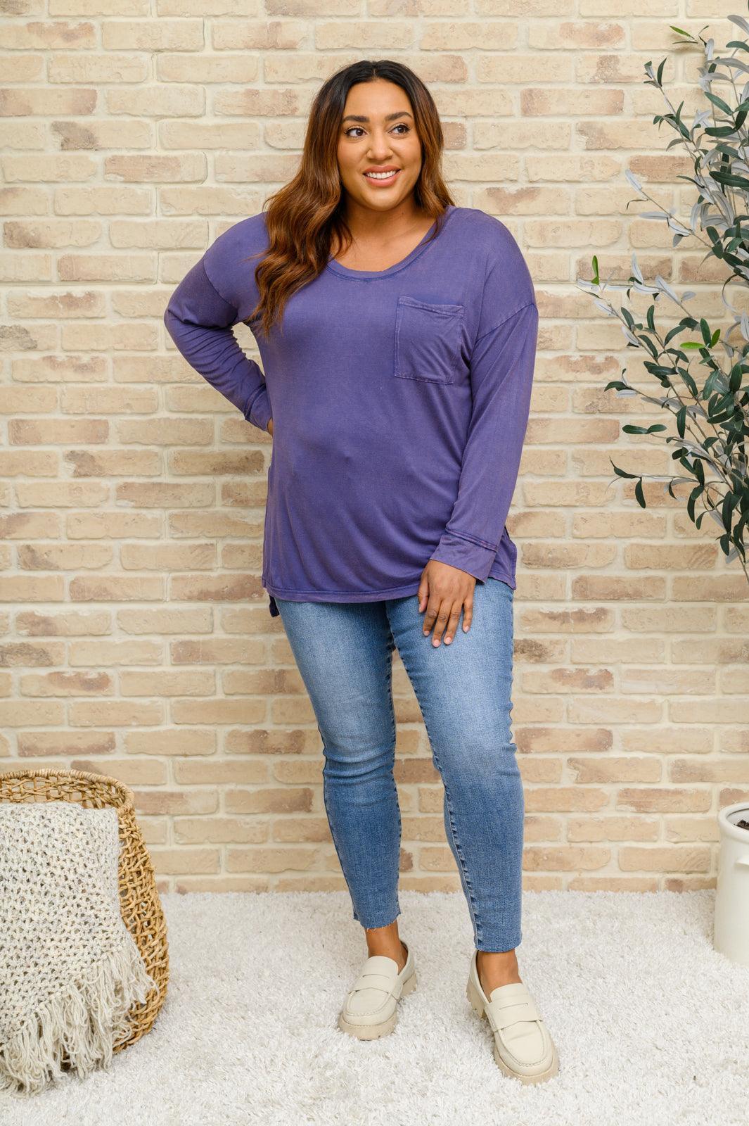 Hazel Blues® | Long Sleeve Knit Top With Pocket In Denim Blue