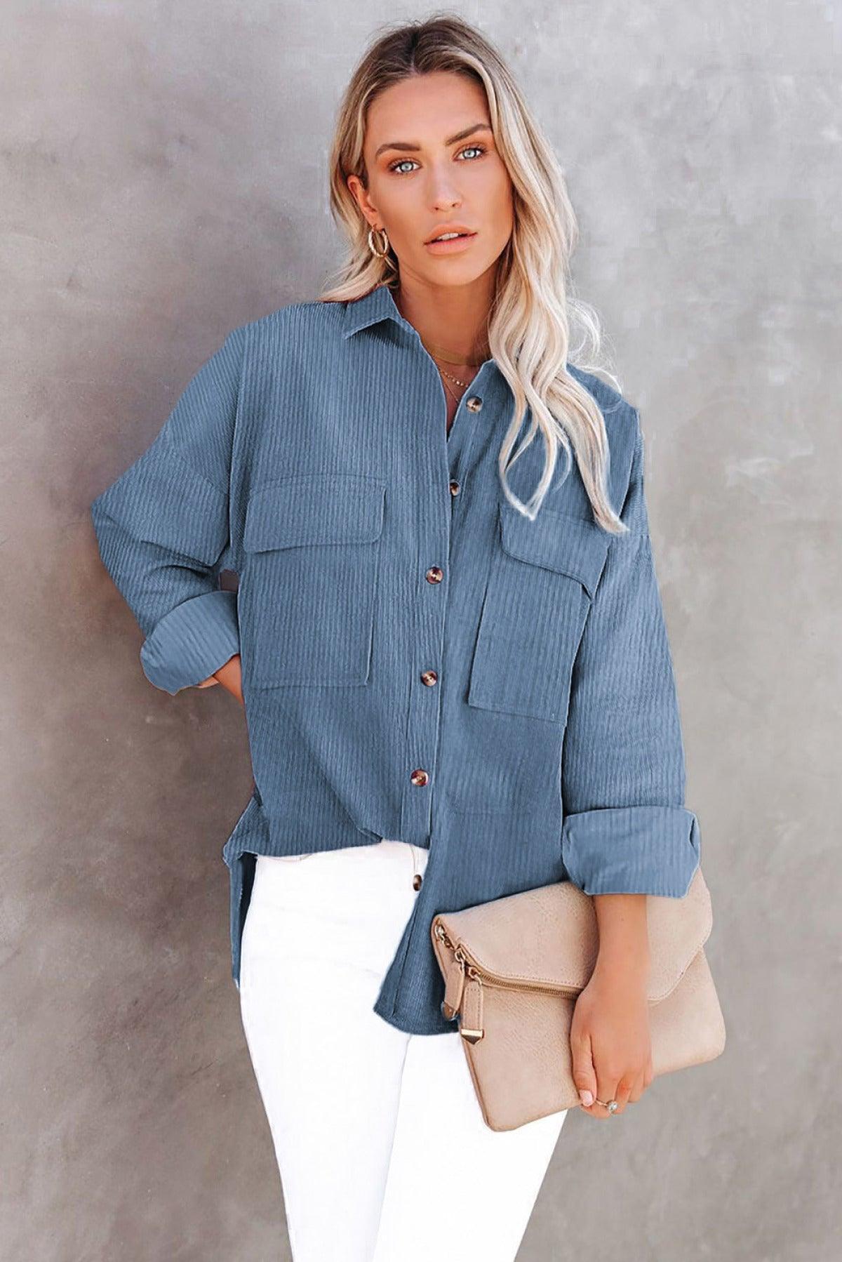Hazel Blues® | Pocketed Button Ribbed Textured Shacket