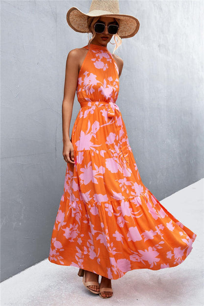 Hazel Blues® | Printed Sleeveless Tie Waist Maxi Dress
