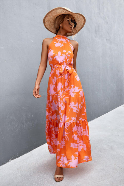Hazel Blues® | Printed Sleeveless Tie Waist Maxi Dress