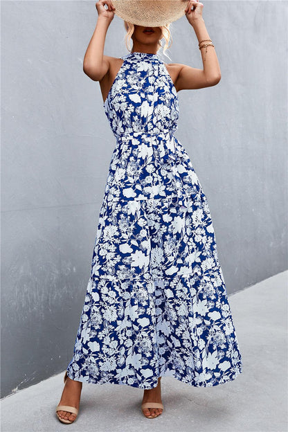 Hazel Blues® | Printed Sleeveless Tie Waist Maxi Dress