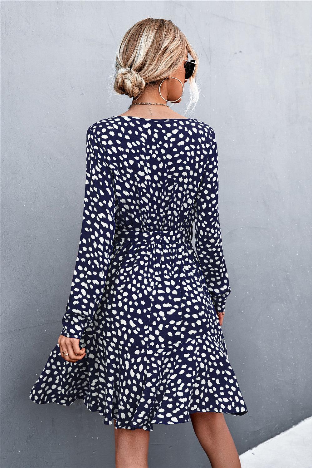 Hazel Blues® | Printed V-Neck Tie Belt Ruffle Hem Mini Dress