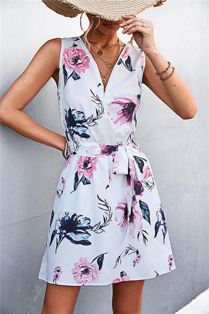 Hazel Blues® | Printed Zip Detail Belted Sleeveless Dress