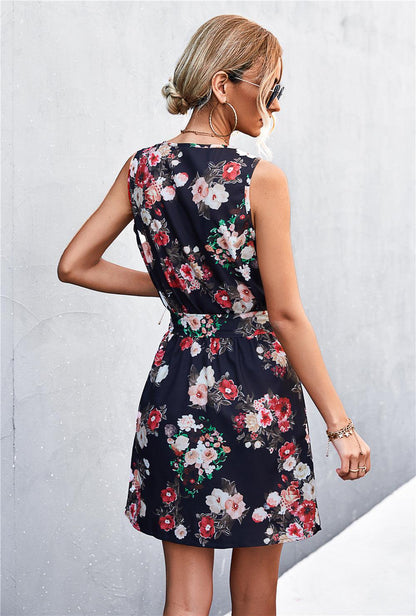 Hazel Blues® | Printed Zip Detail Belted Sleeveless Dress