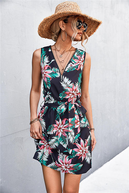 Hazel Blues® | Printed Zip Detail Belted Sleeveless Dress