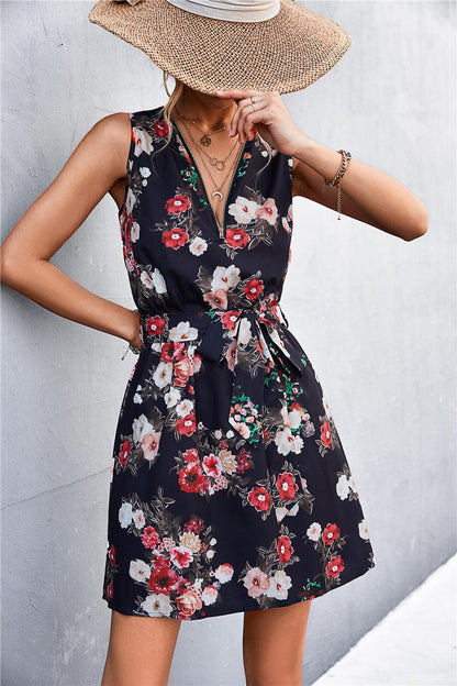 Hazel Blues® | Printed Zip Detail Belted Sleeveless Dress