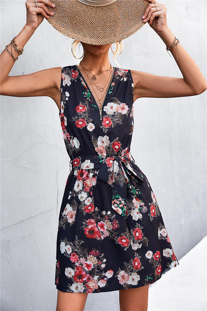Hazel Blues® | Printed Zip Detail Belted Sleeveless Dress