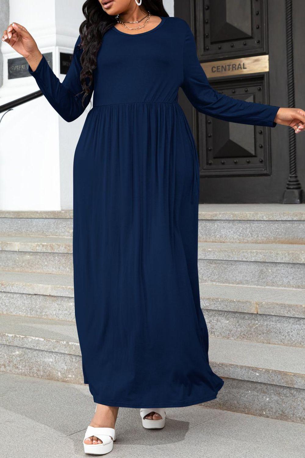 Hazel Blues® | Round Neck Long Sleeve Maxi Dress with Pockets