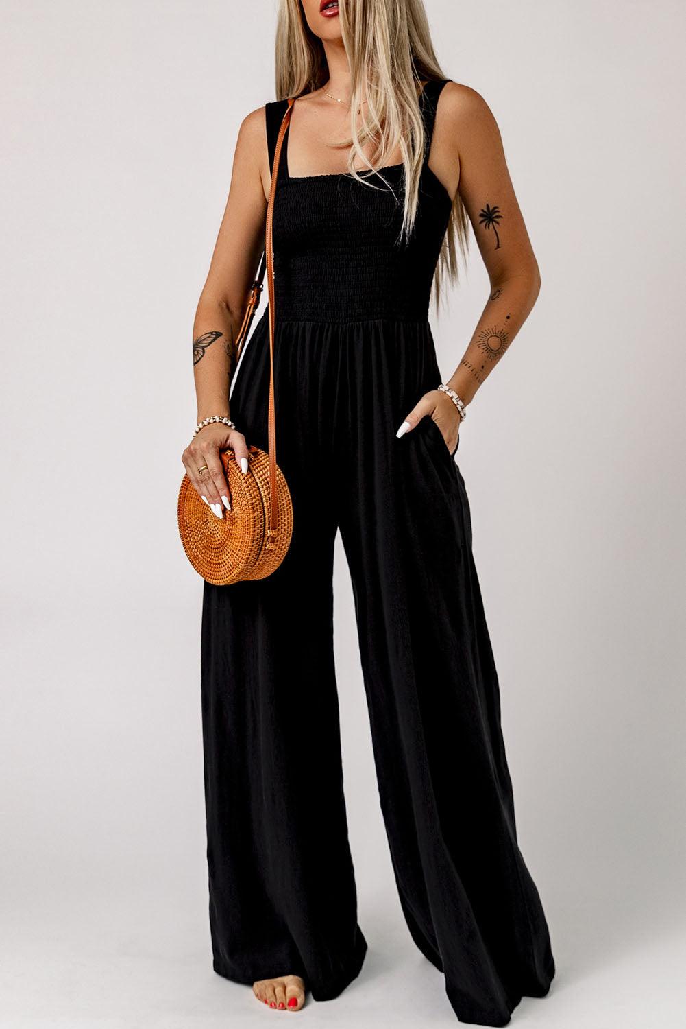 Hazel Blues® | Smocked Square Neck Wide Leg Jumpsuit with Pockets