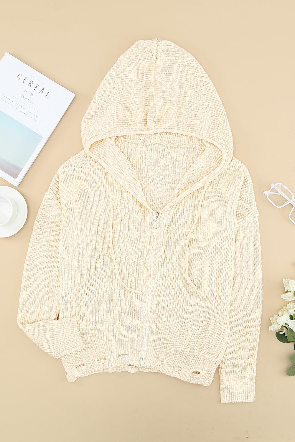 Hazel Blues® | Zipper V-Neck Dropped Sleeve Hooded Solid Sweater