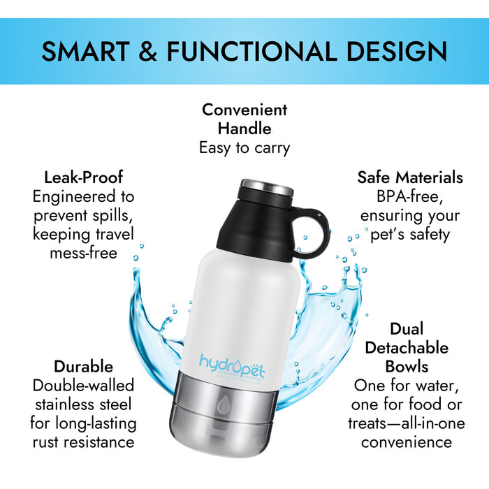 HydroPet Stainless Steel Dog Water Bottle with Dual Bowls (32 oz / 64 oz)
