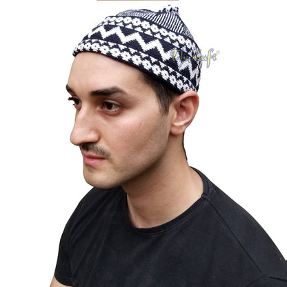 Indigo Blue Cotton Blend Zigzag Beanie Kufi Hat with Ball On Top