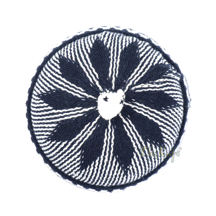 Indigo Blue Cotton Blend Zigzag Beanie Kufi Hat with Ball On Top