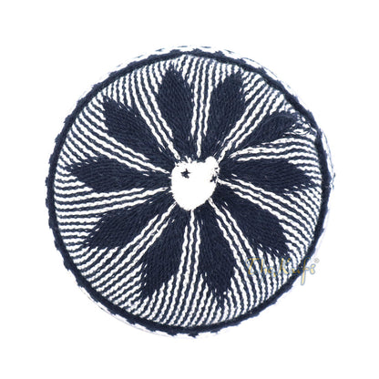 Indigo Blue Cotton Blend Zigzag Beanie Kufi Hat with Ball On Top