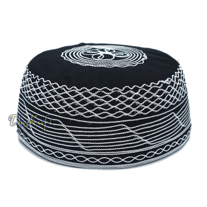 Islamic Kufi Hat | 3" Tall Black Cotton-blend Cap with White Embroidery