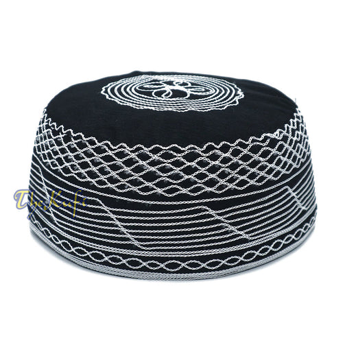 Islamic Kufi Hat | 3" Tall Black Cotton-blend Cap with White Embroidery
