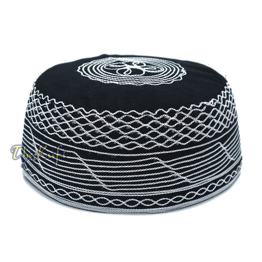 Islamic Kufi Hat | 3" Tall Black Cotton-blend Cap with White Embroidery
