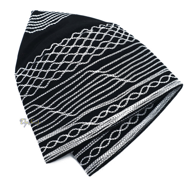 Islamic Kufi Hat | 3" Tall Black Cotton-blend Cap with White Embroidery