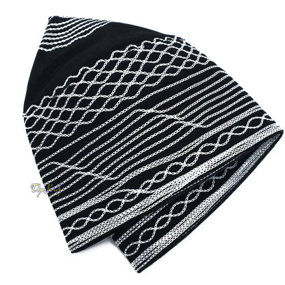 Islamic Kufi Hat | 3" Tall Black Cotton-blend Cap with White Embroidery