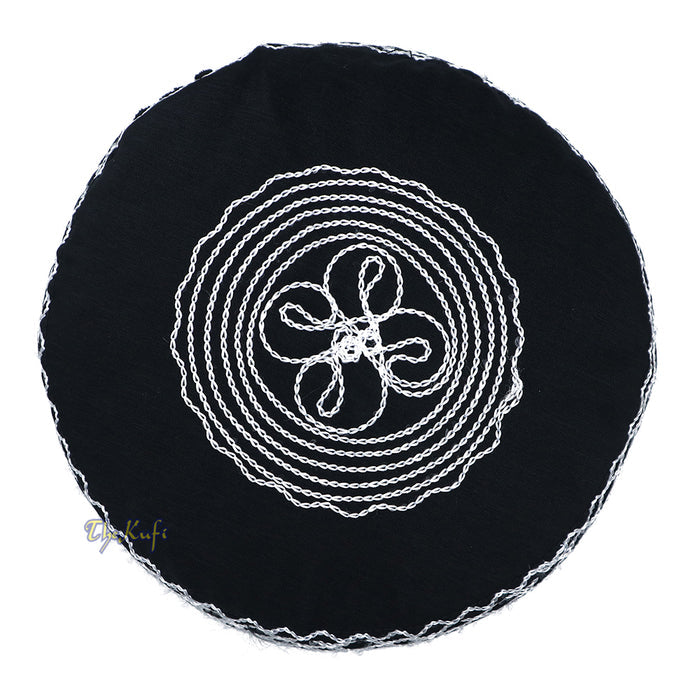 Islamic Kufi Hat | 3" Tall Black Cotton-blend Cap with White Embroidery
