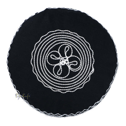 Islamic Kufi Hat | 3" Tall Black Cotton-blend Cap with White Embroidery