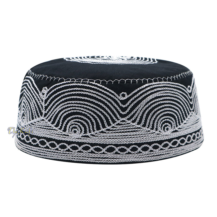 Islamic Kufi Hat | 3" Tall Black Cotton-blend Cap with White Embroidery