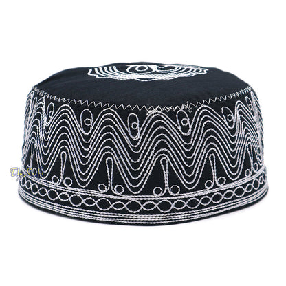 Islamic Kufi Hat | 3" Tall Black Cotton-blend Cap with White Embroidery
