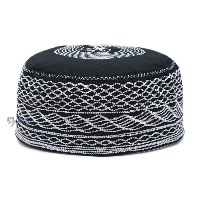 Islamic Kufi Hat | 3" Tall Black Cotton-blend Cap with White Embroidery
