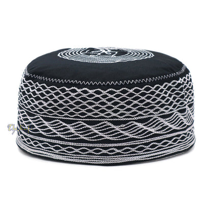 Islamic Kufi Hat | 3" Tall Black Cotton-blend Cap with White Embroidery